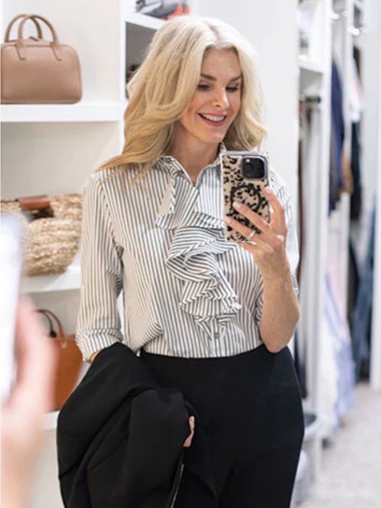 Ming Wang Tops - Ming Wang | Tanya Foster XL Black White Stripe Ruffle Collar Button Up Blouse